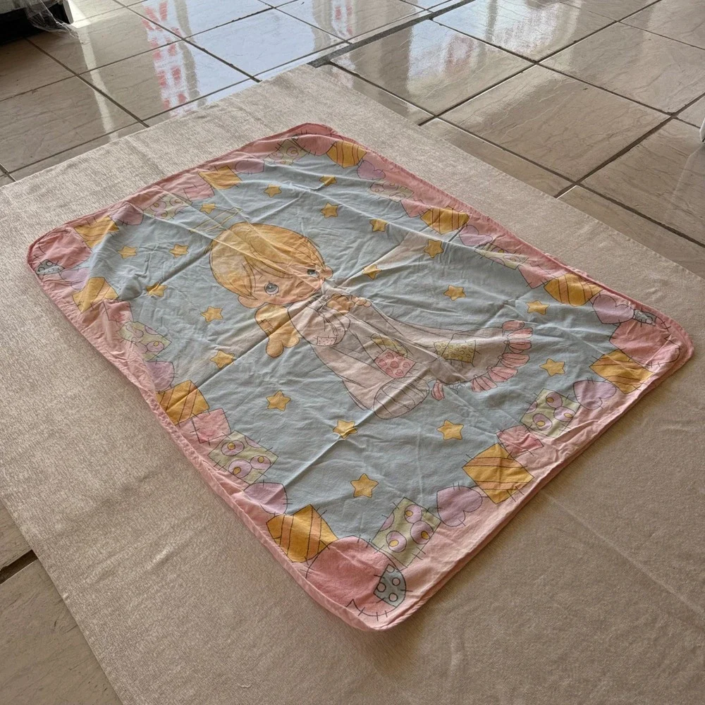 Vintage Precious Moments Baby Blanket 42x31 Pink Blue Stars Angel Boy